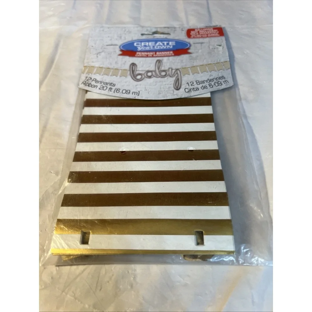 Pennant Banner Gold and White Striped 12 Pennants and 20 Feet of Ribbon New
